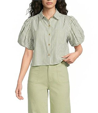 A Loves A Stripe Collared Neck Short Bubble Sleeve Button Front Shirt - S | Dillard's