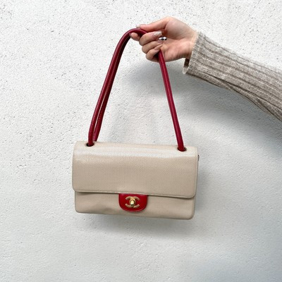 Auth CHANEL CC LOGO Turn Lock Punching Leather Shoulder Bag Beige Red Vintage  | eBay | eBay US