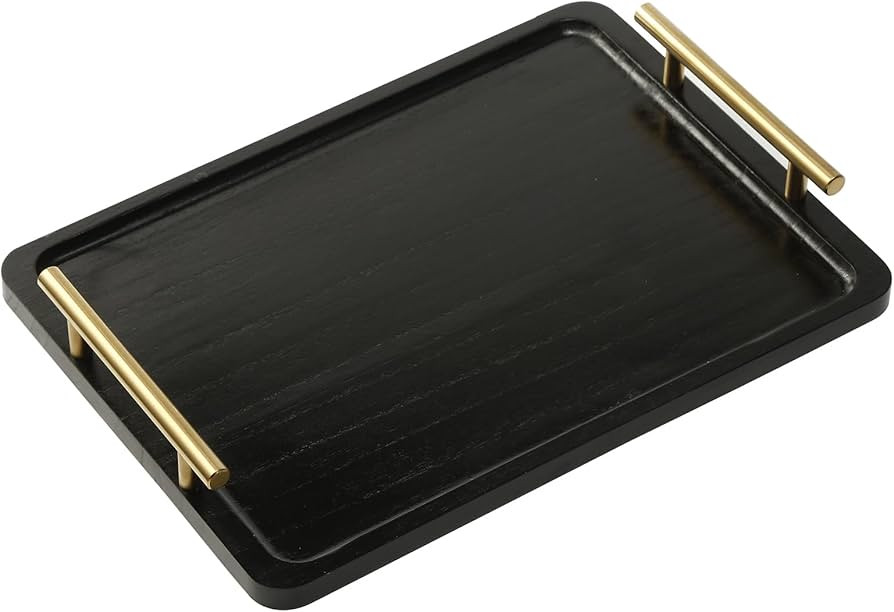 PEKER Wooden Serving Tray with Metal Handles, Black Decorative Coffee Table Tray for Breakfast in... | Amazon (US)