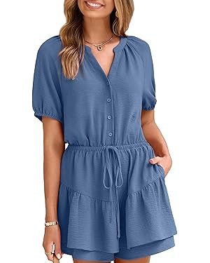 Simplee Womens Cute Summer Rompers - Casual V Neck Short Sleeve Ruffle Boho Romper Dresses Beach ... | Amazon (US)