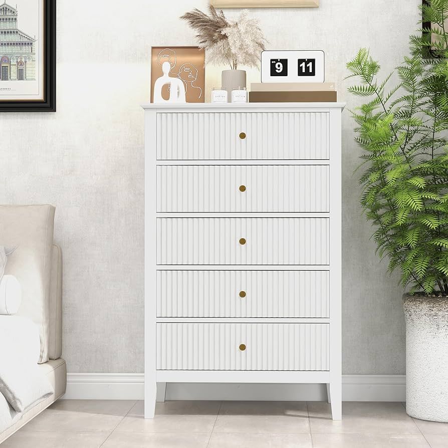 Fluted 5 Drawers Dresser for Bedroom, Tall Chest of Drawer with Silent Slide Drawers, Modern Wood... | Amazon (US)