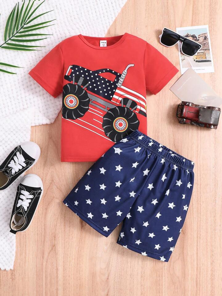 SHEIN Young Boy Patriotic Star & Cartoon Car Print Summer Outfit | SHEIN