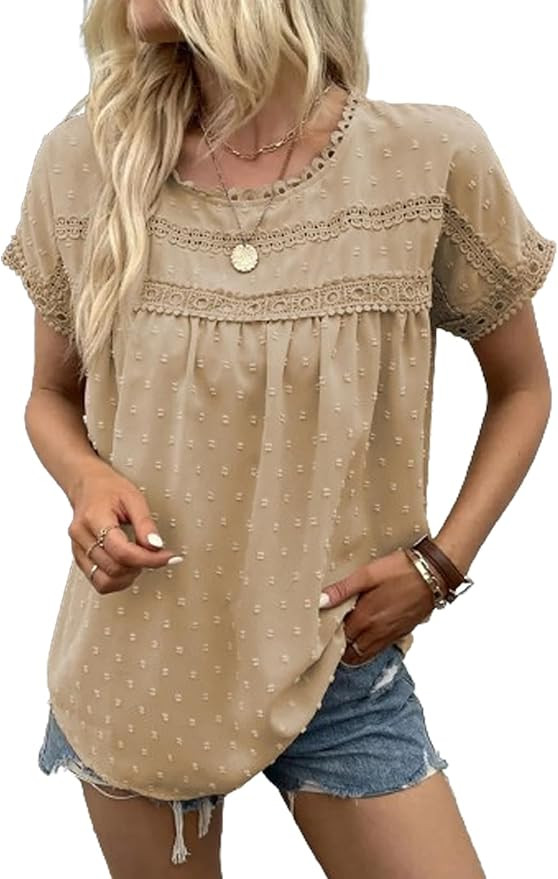 Poetsky Womens Summer Short Sleeve Lace Crochet Blouses Flowy Babydoll Dressy Casual Work Tops | Amazon (US)