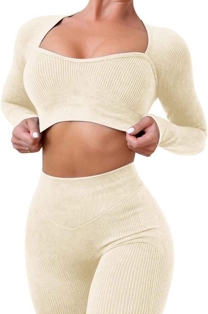 ABOCIW Workout Sets for Women Seamless Ribbed Sweetheart Neck Long Sleeve Crop Top Scrunch Butt H... | Amazon (US)