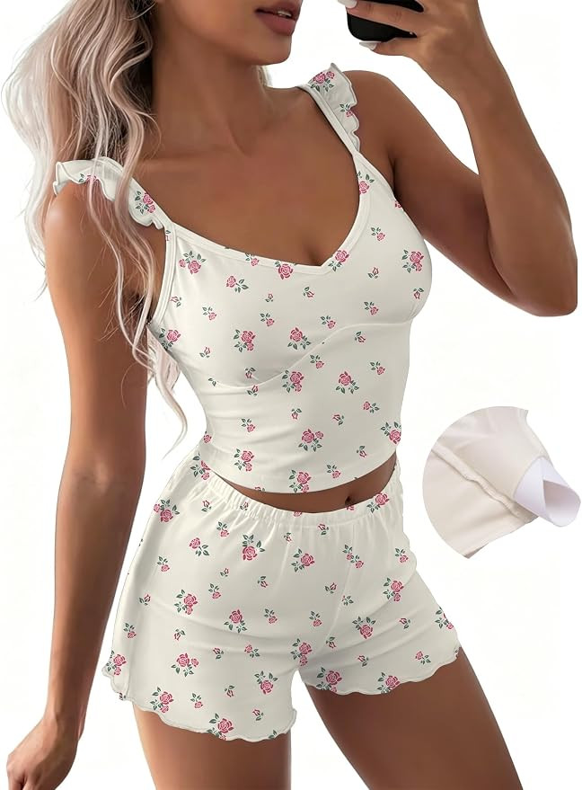 Ekouaer Summer Pajamas with Built in Bra Ruffle Cami Top Lingerie 2 Piece Comfy Cute Pj Set for G... | Amazon (US)