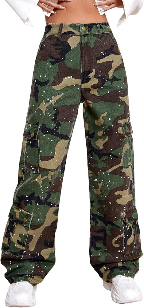 WDIRARA Women's Camo Print Flap Pocket Side Y2K Straight Wide Leg High Waist Cargo Jeans | Amazon (US)