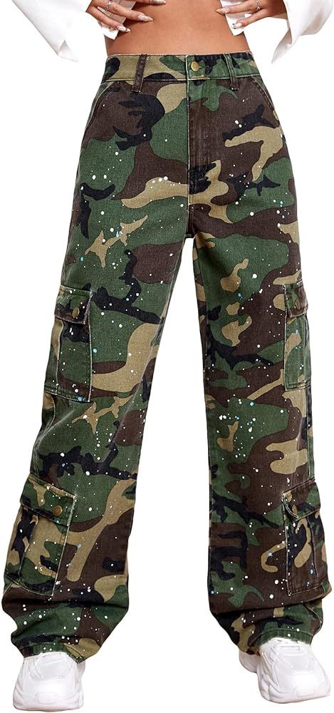 WDIRARA Women's Camo Print Flap Pocket Side Y2K Straight Wide Leg High Waist Cargo Jeans | Amazon (US)