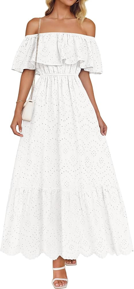 ZESICA Women's 2025 Summer Off Shoulder Ruffle Midi Dress Short Sleeve High Waist Hollow Out Embr... | Amazon (US)