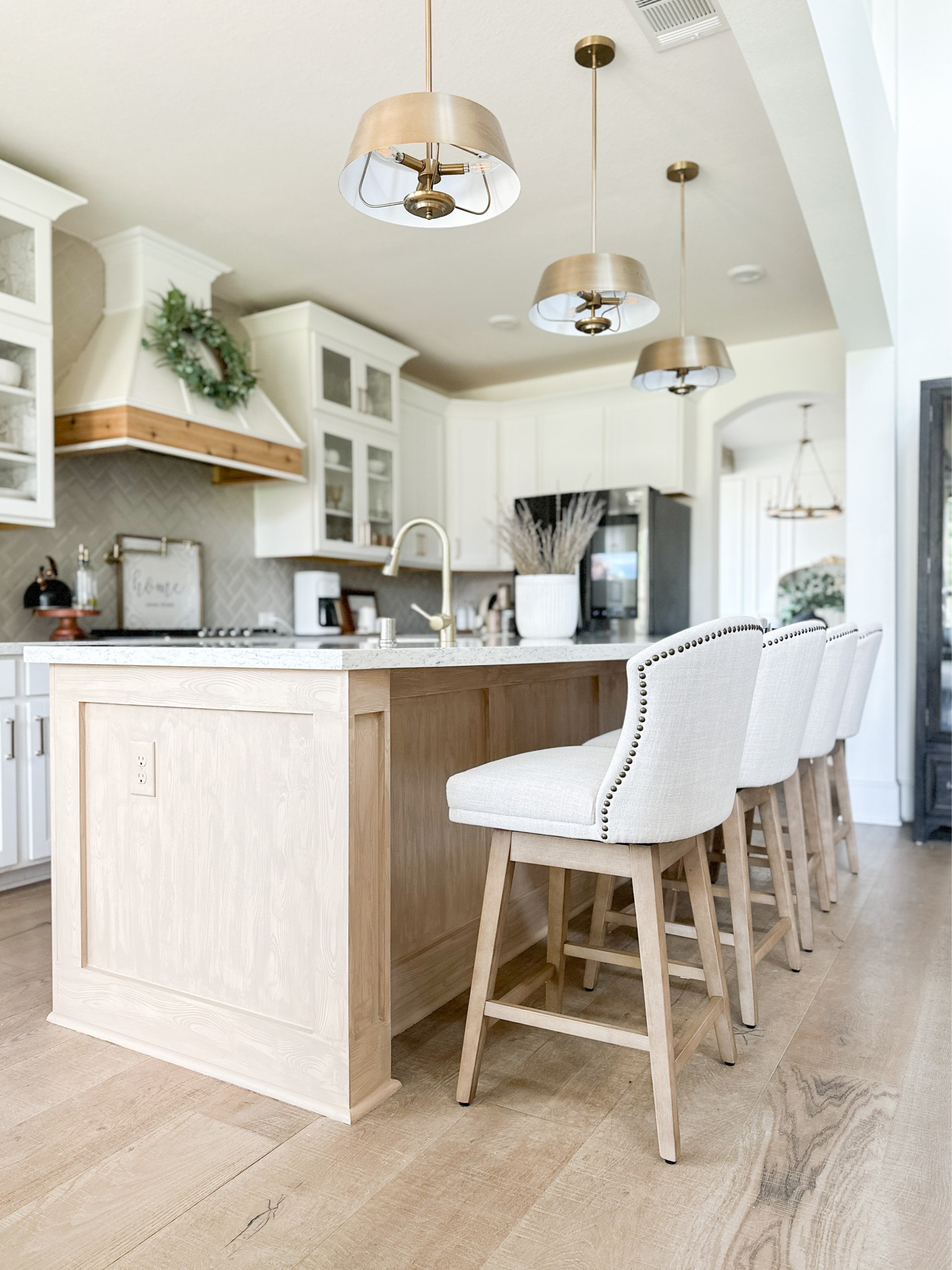 Kitchen, chandelier, pendant lights, champagne bronze, bar stools, beige, neutral, farmhouse kitchen, transitional kitchens, white cabinets, coffee station, summer, fall, 

#LTKFind #LTKSeasonal #LTKhome