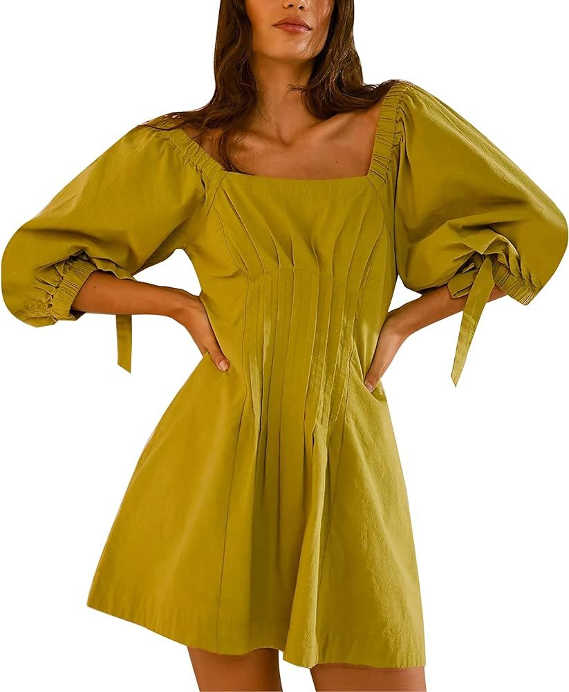 Wanzetaly Womens Summer Mini Dress Casual 1/2 Lantern Sleeve Pleated Ruffle Backless Loose Tunic ... | Amazon (US)