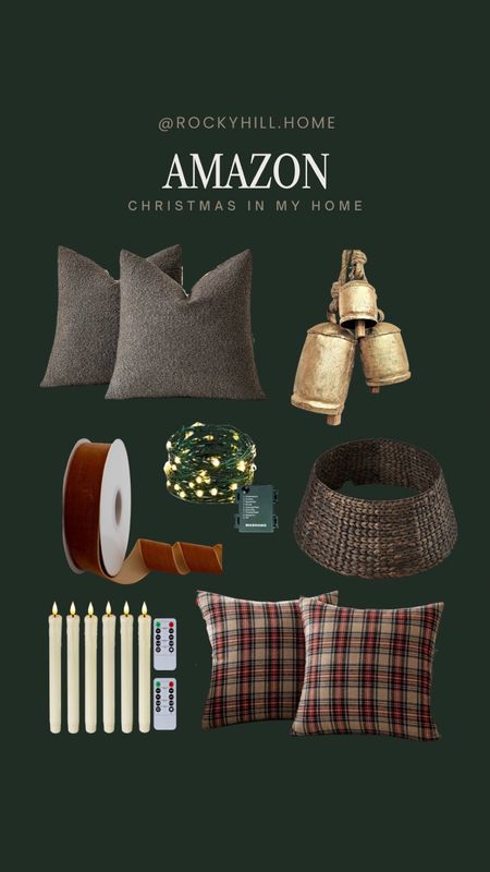 Recent Amazon purchases, holiday decor, plaid pillow covers, affordable pillows, gold bells, copper ribbon, flameless candles, dark woven tree collar, battery operated Christmas lights 

#LTKfindsunder50 #LTKHoliday #LTKhome