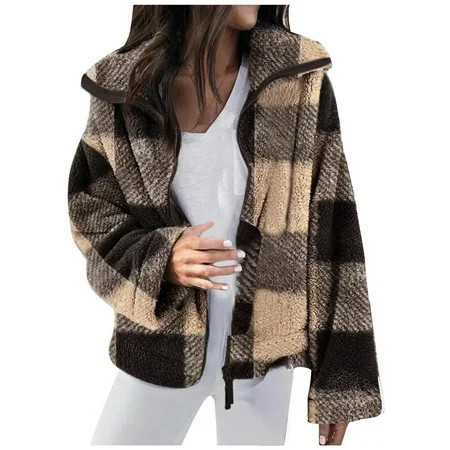 Women s Full Zip Plaid Fleece Jacket Fall 2022 Thick Soft Warm Winter Zipper Coat No Hood Loose Outw | Walmart (US)