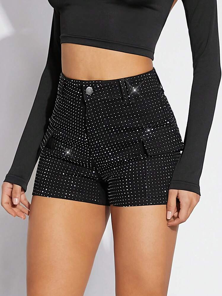 Denimoi Women's Black Rhinestone Dot Flap Pocket Shorts, Denim Shorts, For Going Out, Party, Coun... | SHEIN