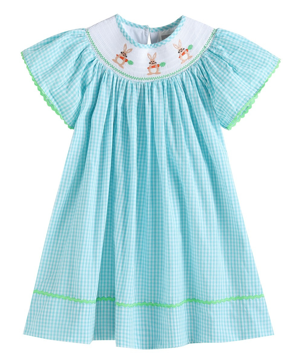 Turquoise Gingham Easter Bunny Smocked Bishop Dress - Infant, Toddler & Girls | Zulily