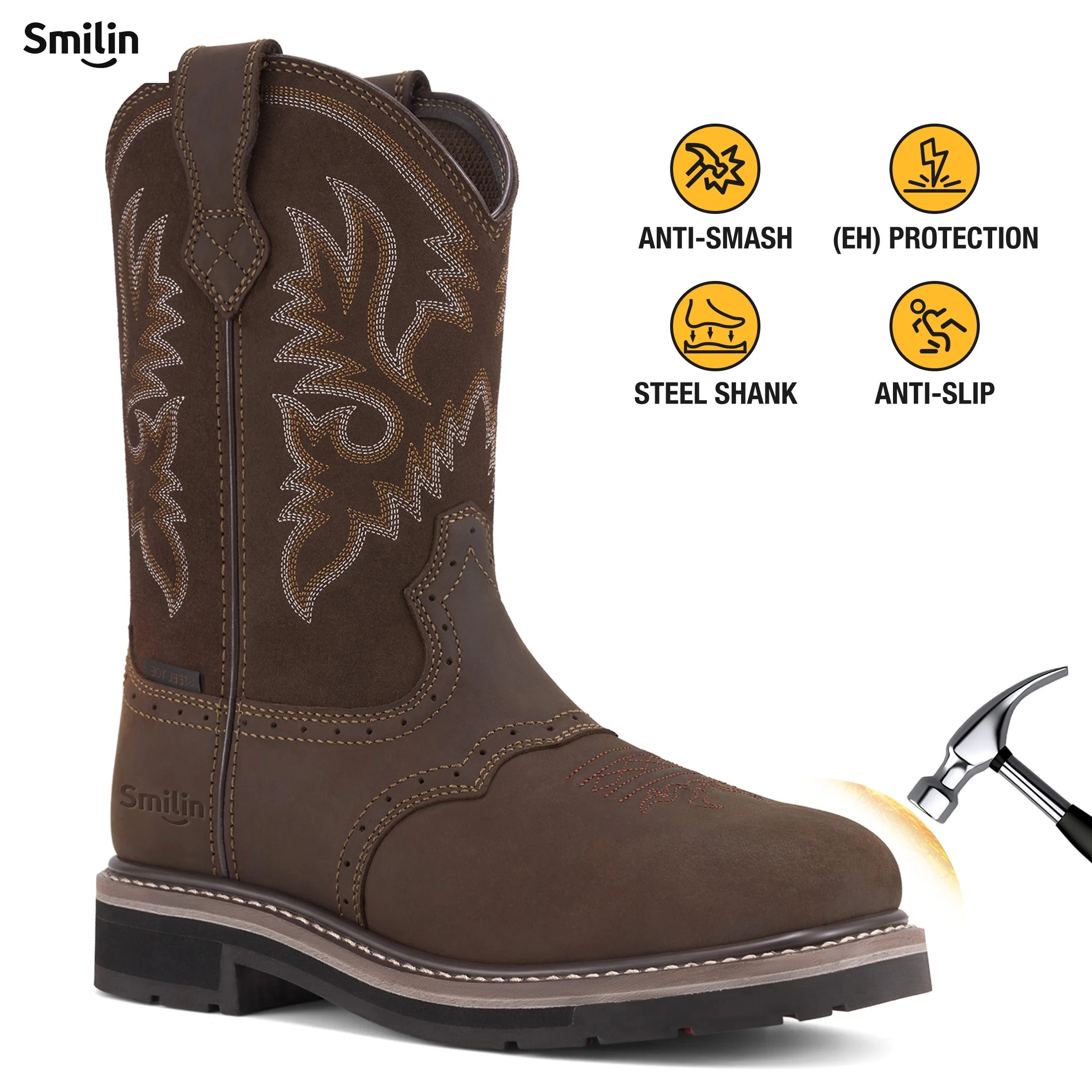 SMILIN Steel Toe Boots For Men Pull-on Western Work Boots,Dark Brown,Size 10 - Walmart.com | Walmart (US)