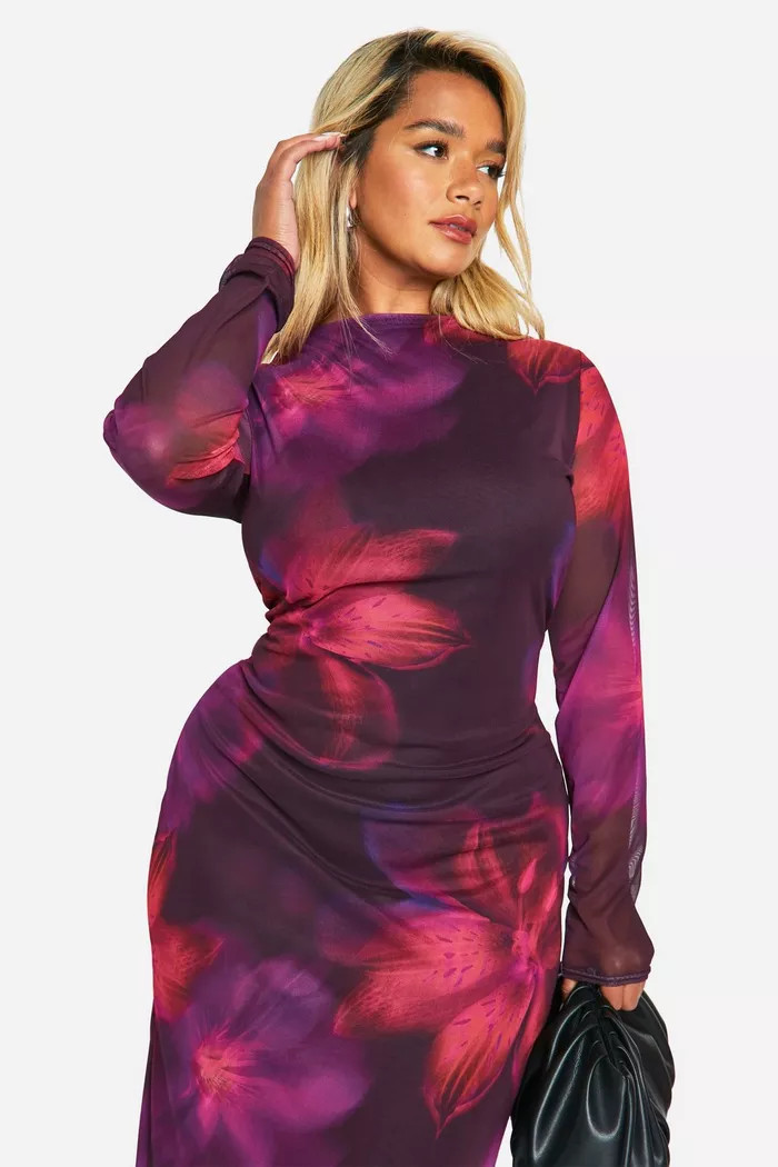 Plus Floral Mesh Low Back Maxi Dress | boohoo (US & Canada)