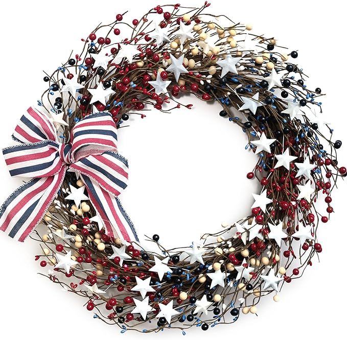 22Inch Patriotic Berry Wreath, 4th of July Summer Burlap Stripe Bow Wreath for The Front Door, Ha... | Amazon (US)