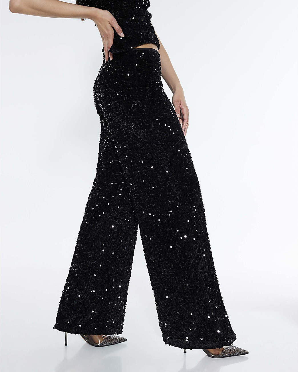 Black Pull On Velvet Sequin Trousers | River Island UK & IE