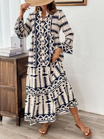 SHEIN Frenchy Geo Print Flounce Sleeve Ruffle Hem Smock Dress | SHEIN