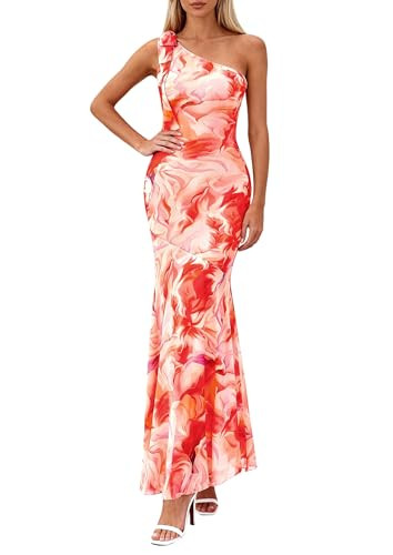 PRETTYGARDEN Womens Summer One Shoulder Maxi Dress 2026 Floral Sleeveless Bodycon Mesh Long Beach Vacation Sun Dresses (Orange Watercolour,X-Small) | Amazon (US)