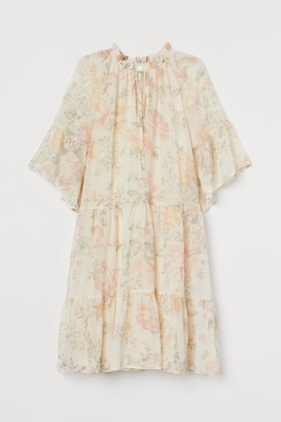 Short, A-line dress in airy woven fabric. Small, ruffled collar, V-shaped opening at front with t... | H&M (US)