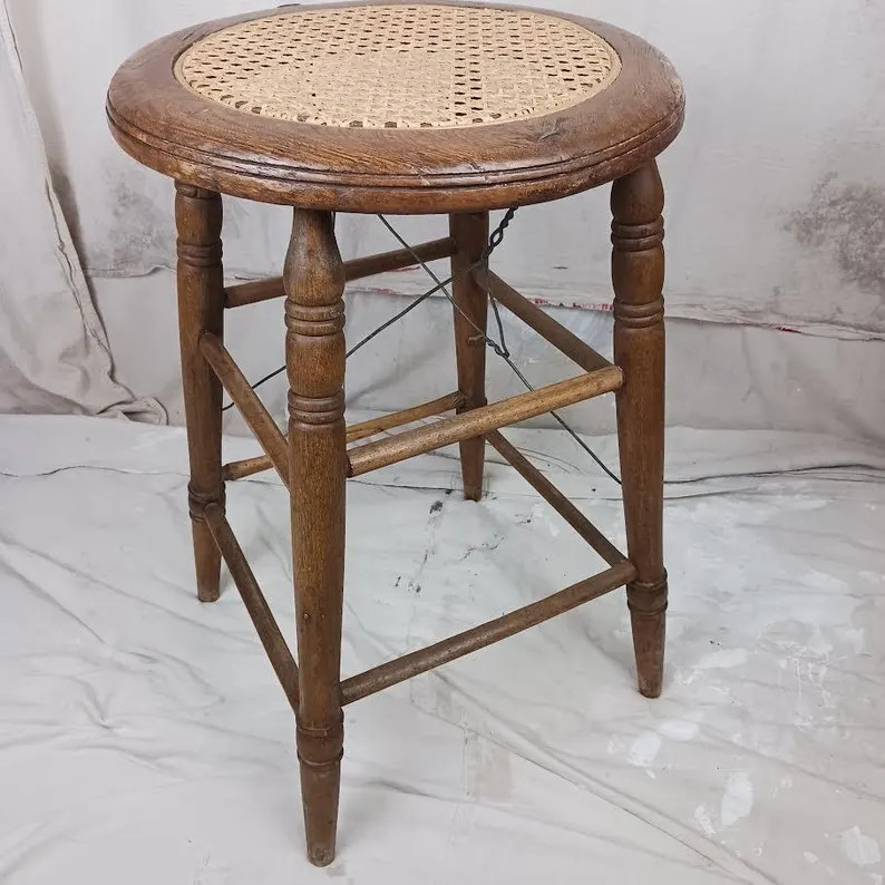Antique Cane And Wood Stool With Metal Wire Support | Etsy (US)