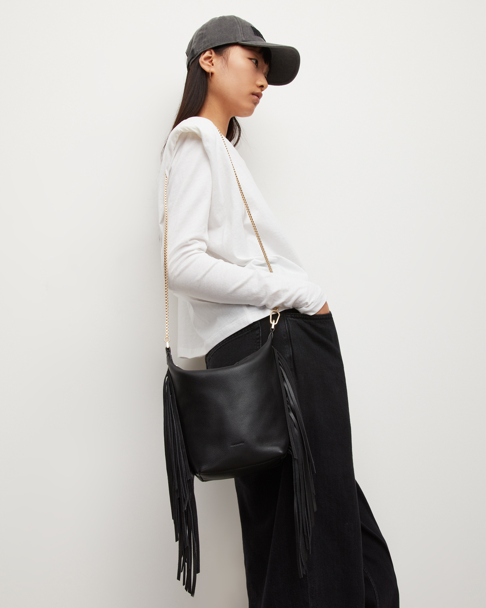 AllSaints Women's Leather Evaline Fringe Crossbody Bag, Black | AllSaints US