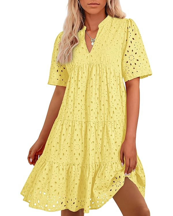 BTFBM Womens Boho Summer Dresses 2025 Resort V Neck Short Sleeve Hollow Out Lace Ruffle Casual Be... | Amazon (US)