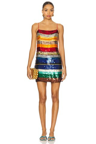 Alice + Olivia Bridget Mini Dress in Rainbow Stripe from Revolve.com | Revolve Clothing (Global)