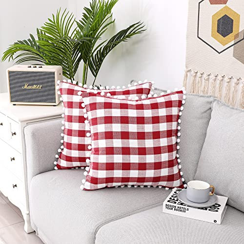 Throw Pillow Covers Red and White Buffalo Check Plaid Patterm 20 x 20 Inches Cushion Cover Tartan Farmhouse Pillow cases Pillow Shams with Pompoms for Sofa Couch Car Bedroom, Pack of 2, Red/White | Amazon (US)