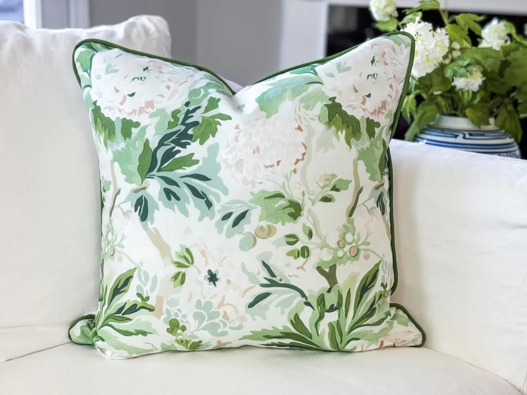 Whitney English British Enigma Green White Floral Pillow Cover - Grandmillenial Decor | Etsy (US)