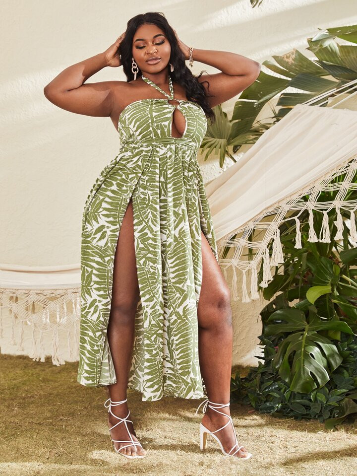 SHEIN Slayr Plus Plant Print Cutout Tie Backless Split Thigh Dress | SHEIN