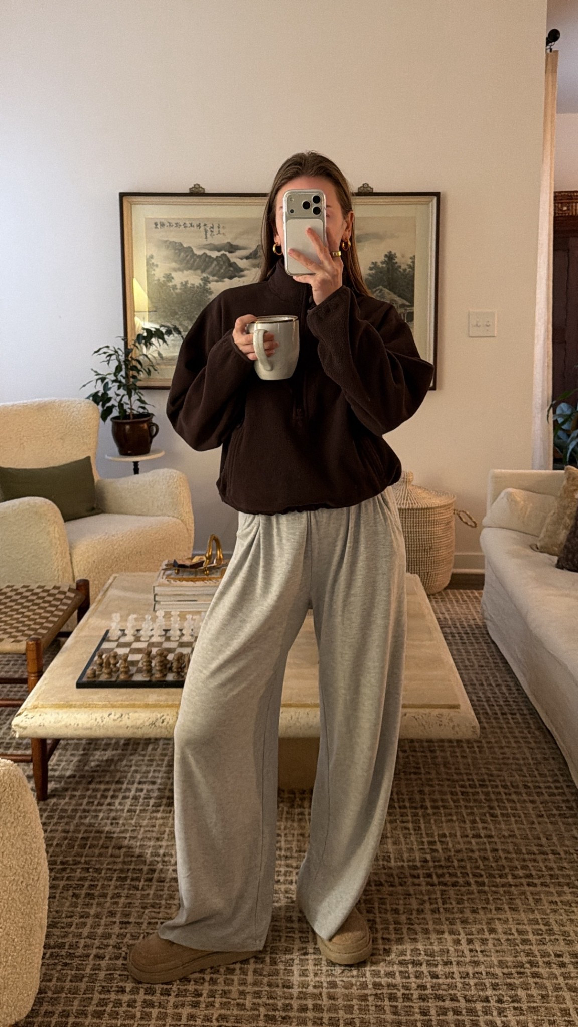 1/26/26 Cozy morning loungewear I’ve been living in lately 🤎 Wearing my Aritzia brown fleece quarter zip with Abercrombie gray lounge pants — an easy, comfortable combo for slow mornings at home, coffee, and getting ready for the day. 

#LTKgrwm #LTKmorningroutine #LTKootd