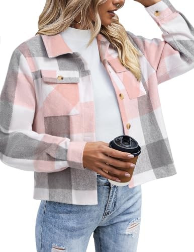 Zeagoo Flannels for Women Cropped Shacket Jacket Fashion Plaid Button Down Shirt 2026 Fall Coat T... | Amazon (US)