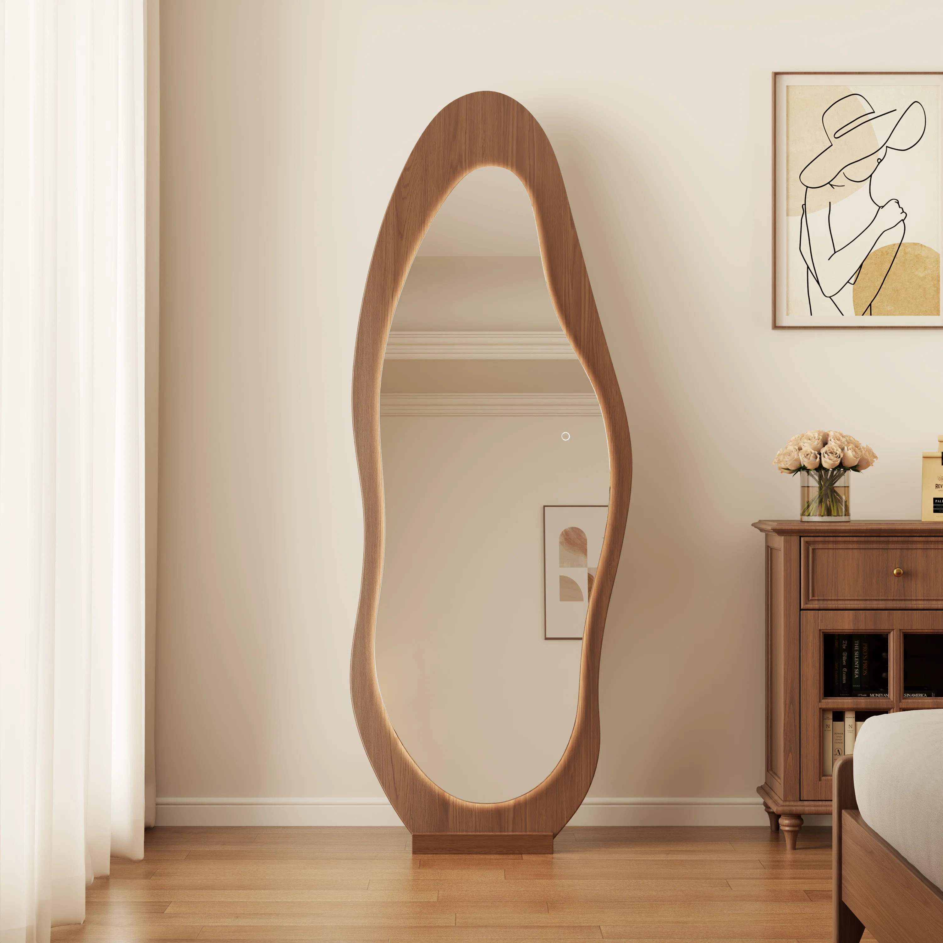 Wavy Full-Length Mirror with LED, Solid Wood Frame, Shatterproof, Floor or Wall Mount, Walnut | Wayfair North America