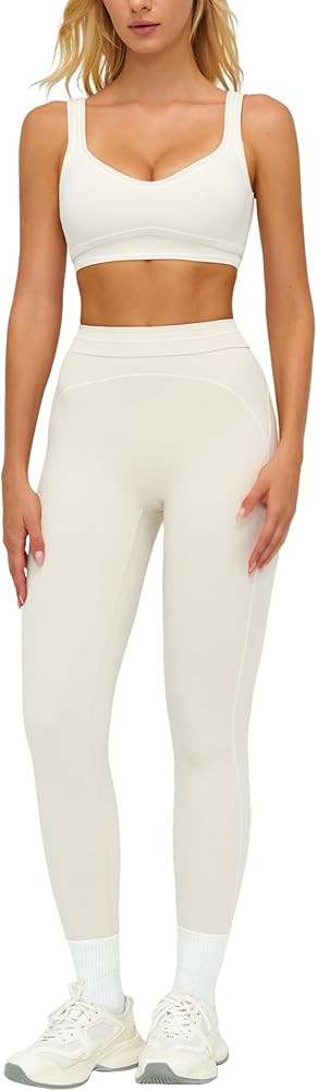 Womens Workout Set Two Piece U Back Color Block Sports Bra Matching High Waist Leggings Gym Work ... | Amazon (US)