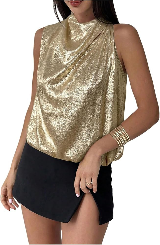 SweatyRocks Women's Metallic Mock Neck Sleeveless Blouse Draped Tank Tops | Amazon (US)