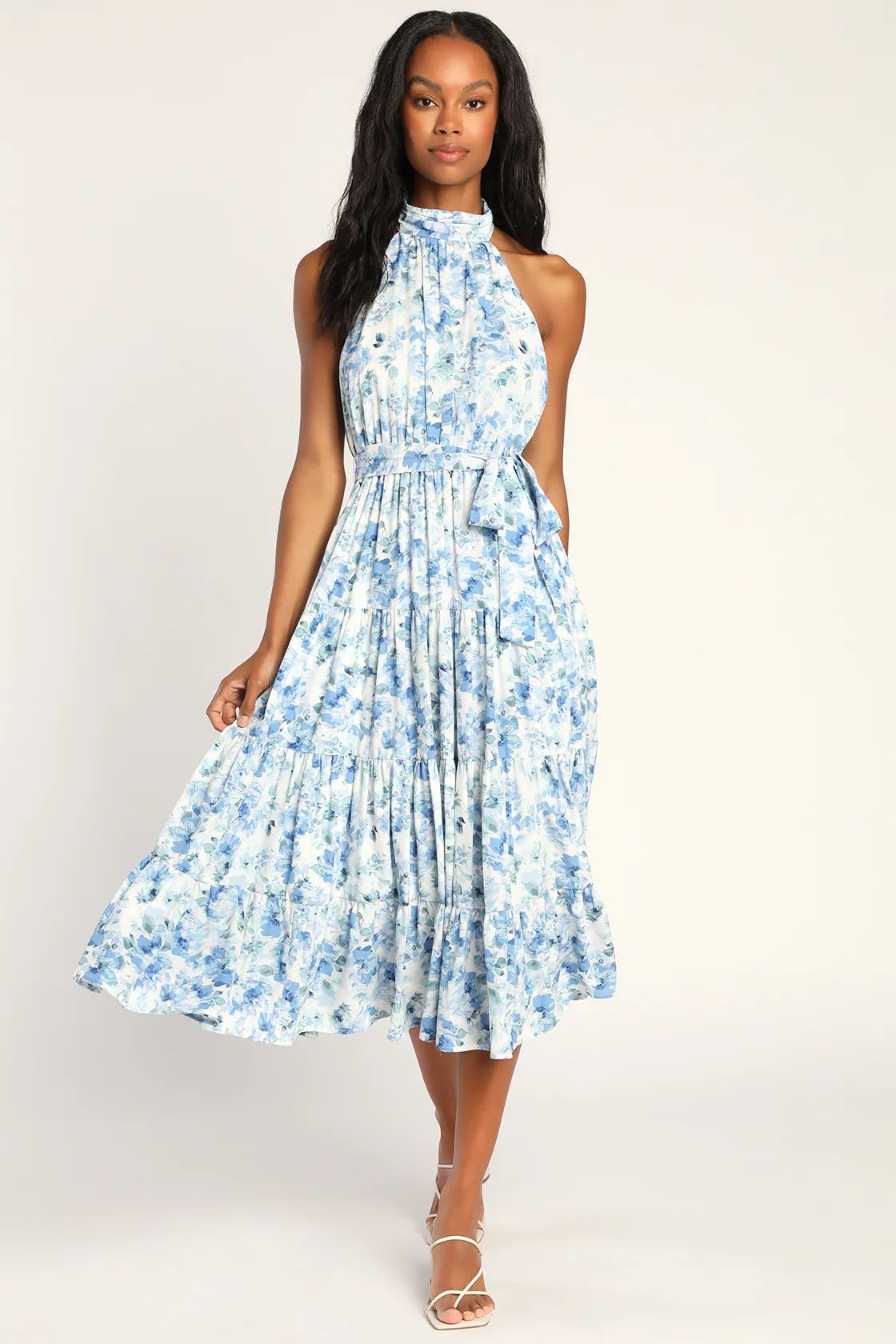 Breezing Through White Floral Print Tiered Halter Midi Dress | Lulus (US)