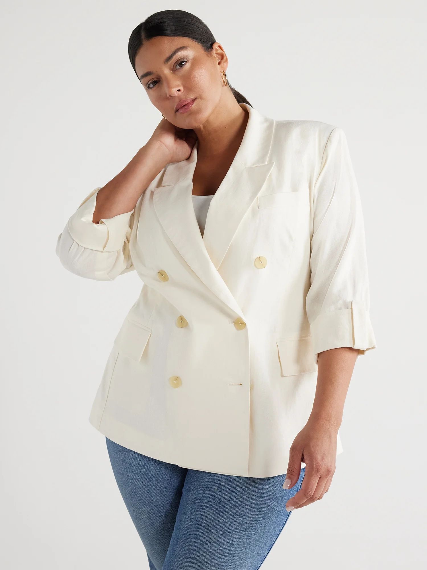 Sofia Jeans Women's and Women's Plus Double Breasted Linen Blend Blazer, Sizes XS-5X | Walmart (US)