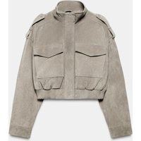 Zara - 100% Leather Cropped Jacket With Tabs - Light Gray - S - Woman | Zara US