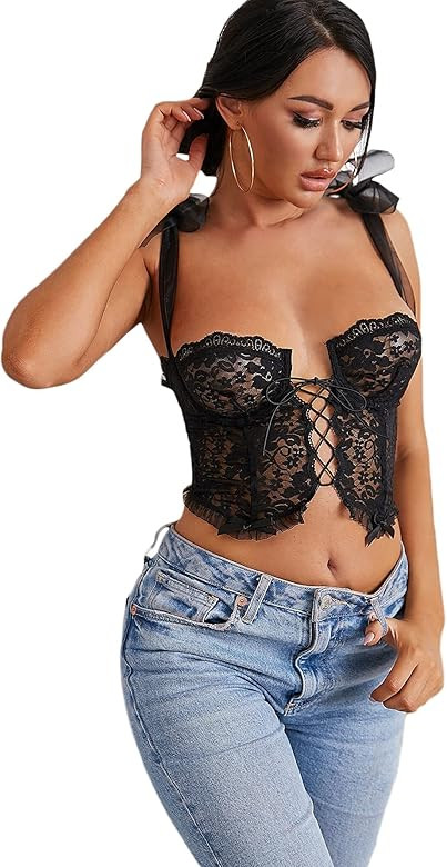 Lace Up Bustier Cami Top Tie Shoulder Bralette | Amazon (US)