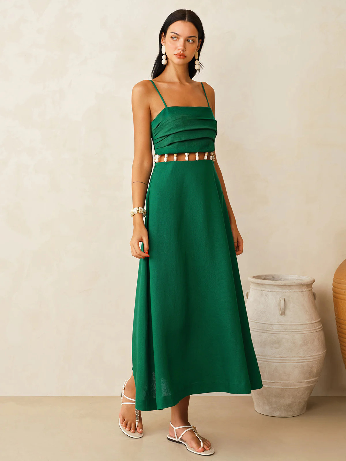 Linen-Blend Cutout Waist Cami Midi Dress | Commense