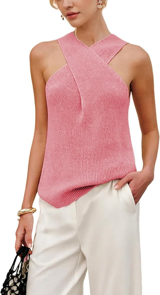 Yeokou Women Halter Cross Over Collar Tank Knit Sleeveless Top Solid Color Casual Summer Blouse | Amazon (US)