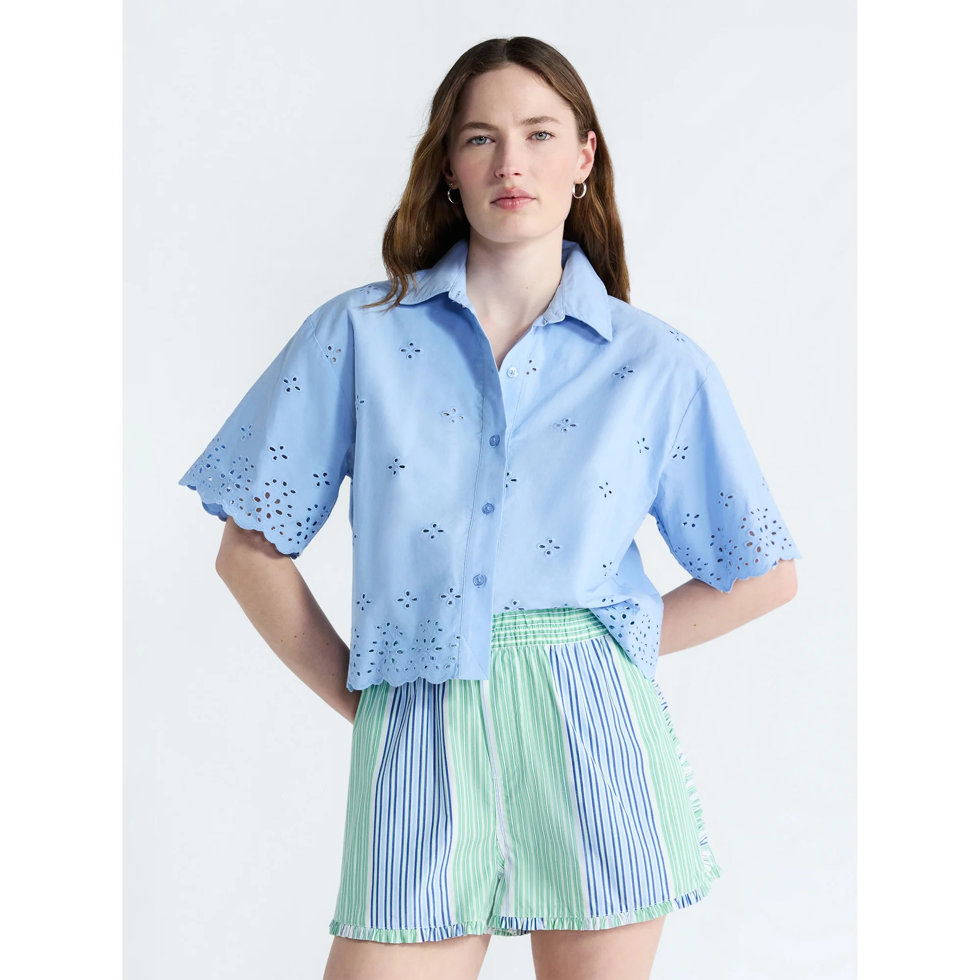 Free Assembly Women's and Women's Plus Cropped Cotton Eyelet Shirt, Sizes XS-4X | Walmart (US)