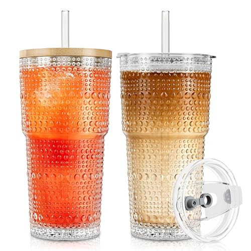 SoulTimes 20oz Hobnail Glass Tumbler with Lids and Straws-2 Pcs Iced Coffee Glass Cups for Smoothie, Matcha, Juice, Water etc. Leakproof and Dishwasher Safe Glassware Drinking for Travel To Go | Amazon (US)