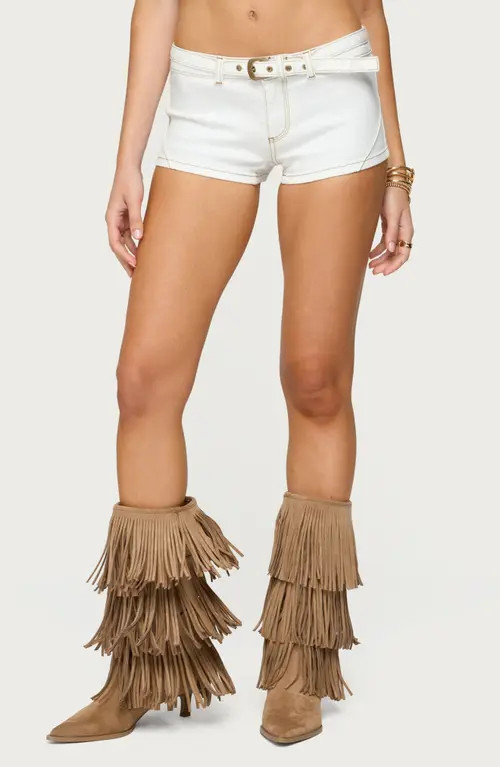 EDIKTED Ciel Belted Low Rise Denim Micro Shorts in White at Nordstrom, Size Small | Nordstrom