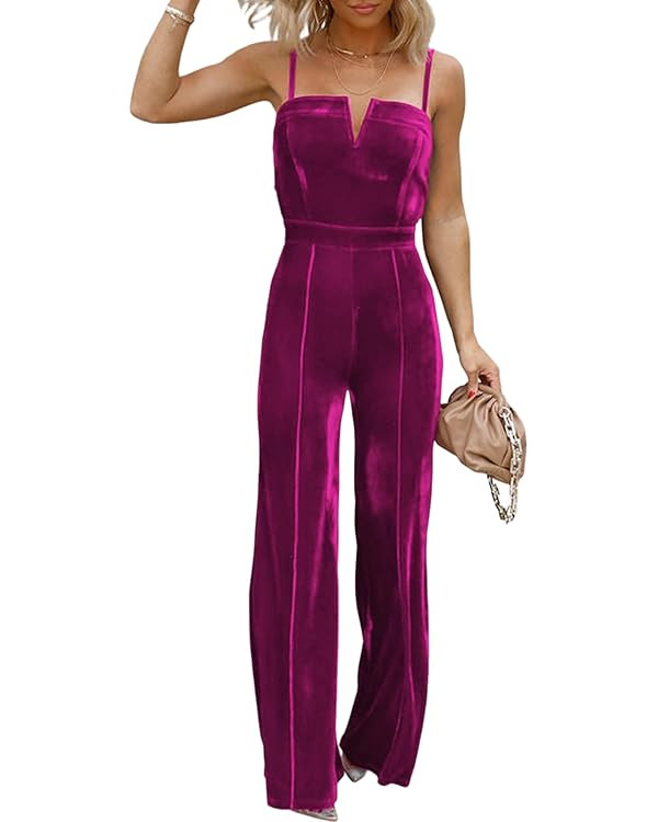 BLENCOT Sleeveless Velvet Jumpsuits For Women V Neck Spaghetti Straps Wide Leg Long Pants Dressy ... | Amazon (US)