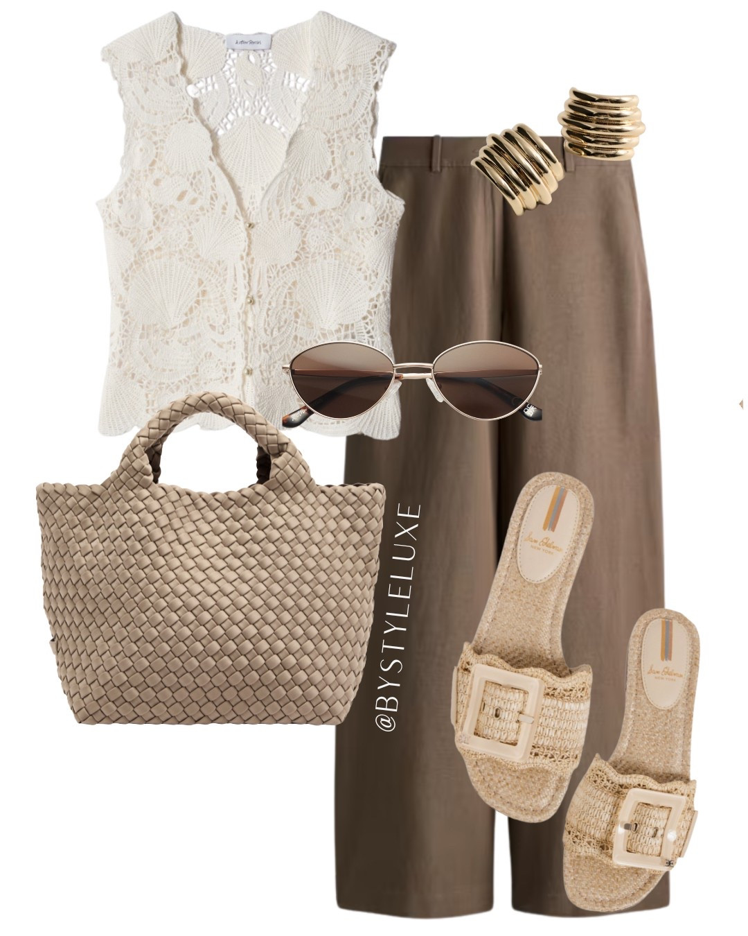 Summer Neutrals - my fave colour palette of neutrals. Love this crochet knitted vest styled with these staple linen-blend trousers and cute sandals. 

#summeroutfit #summersandals #holidayoutfit 