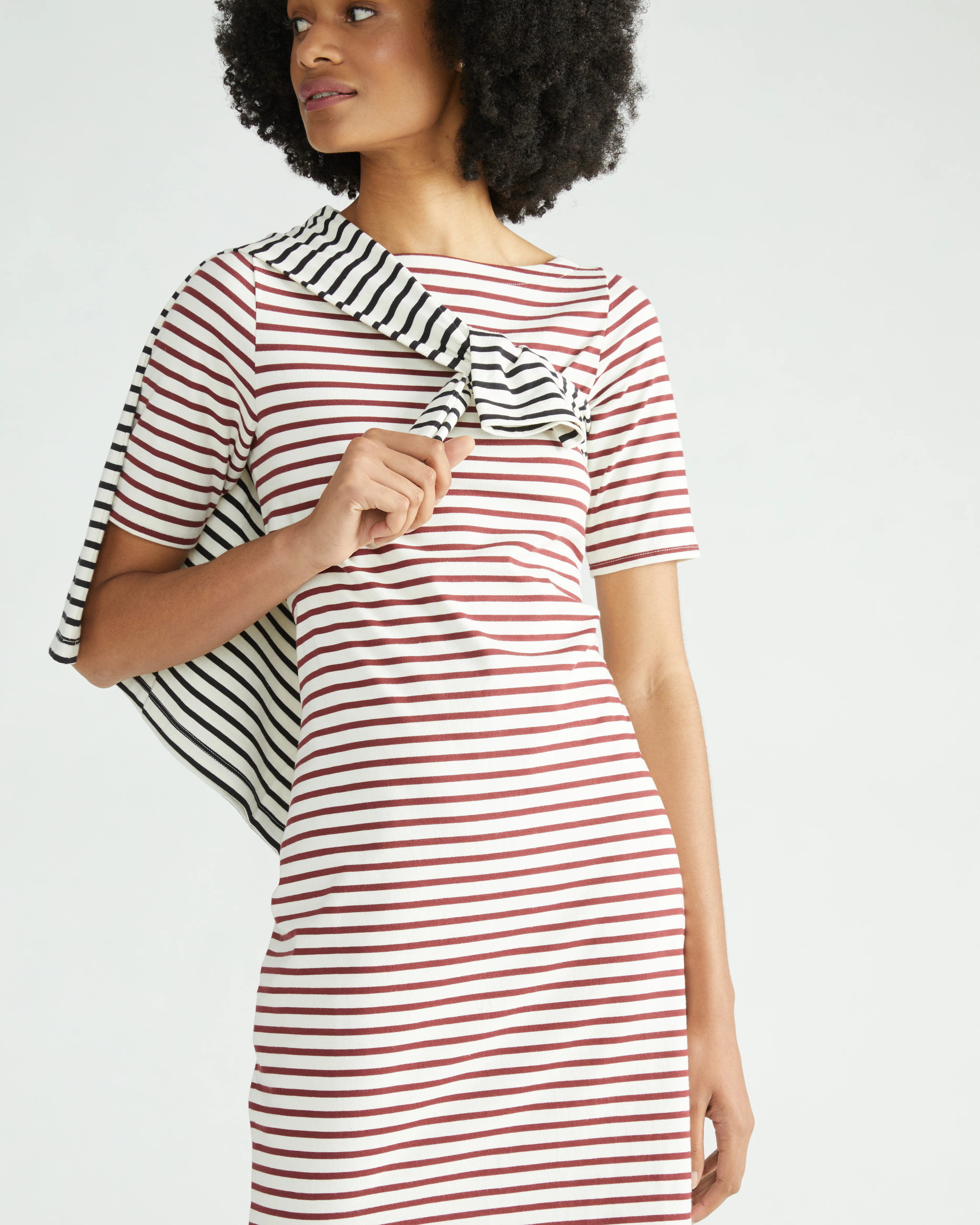 Belle Breton Stripe Jersey Dress - Ecru/Burgundy Stripe | Universal Standard