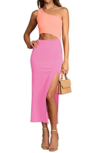 Pink Queen Women's Summer One Shoulder Sleeveless Hollow Out Side Slit Bodycon Evening Club Midi Dress Pink M | Amazon (US)